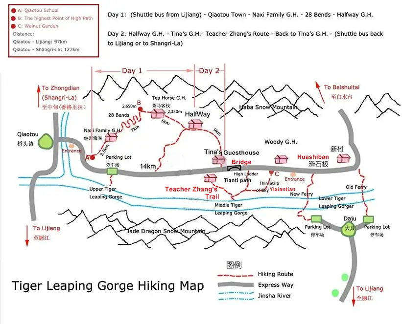 Tiger Leaping Gorge Hiking Map